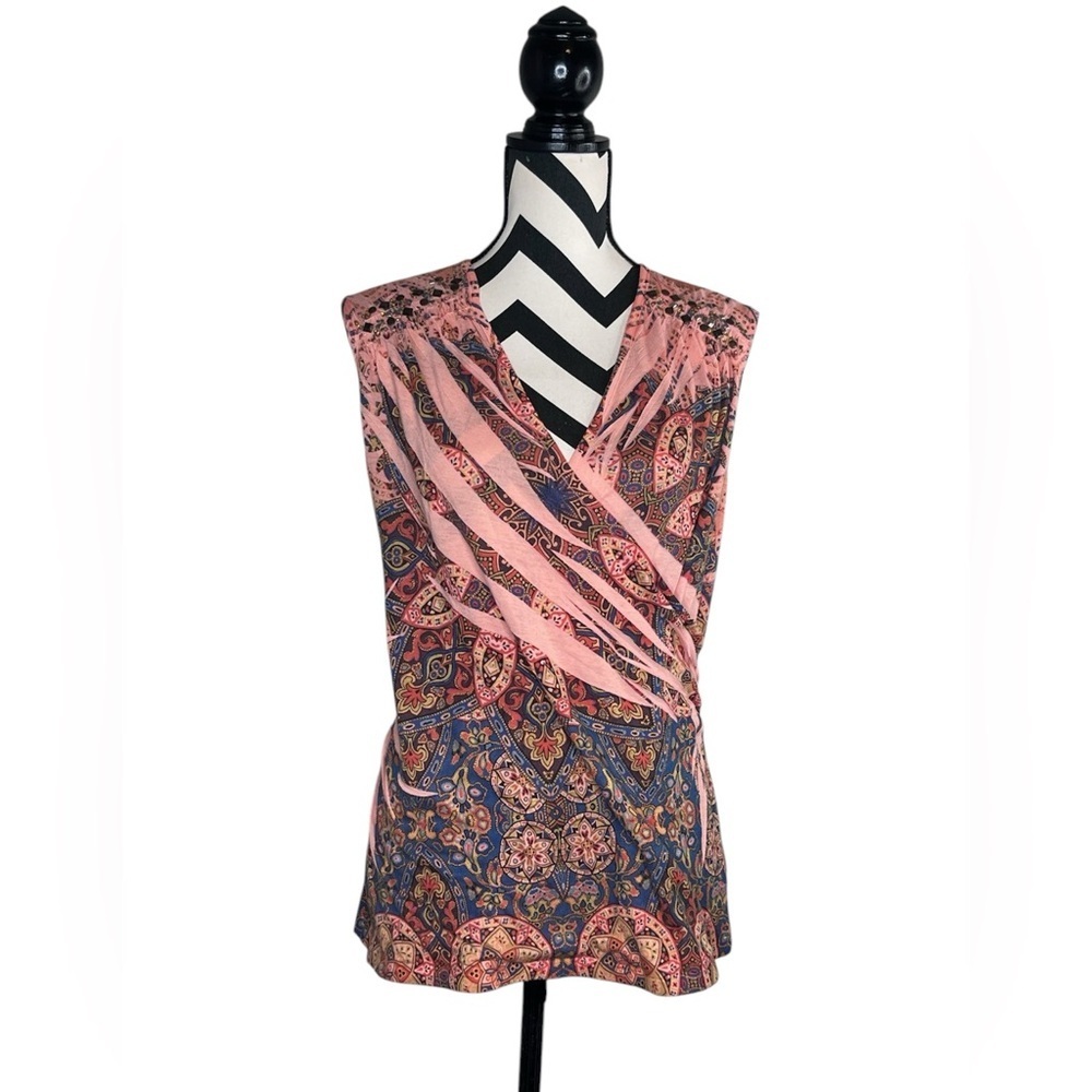 B.L.E.U Sz M Boho Y2K Faux Wrap Paisley Print Top